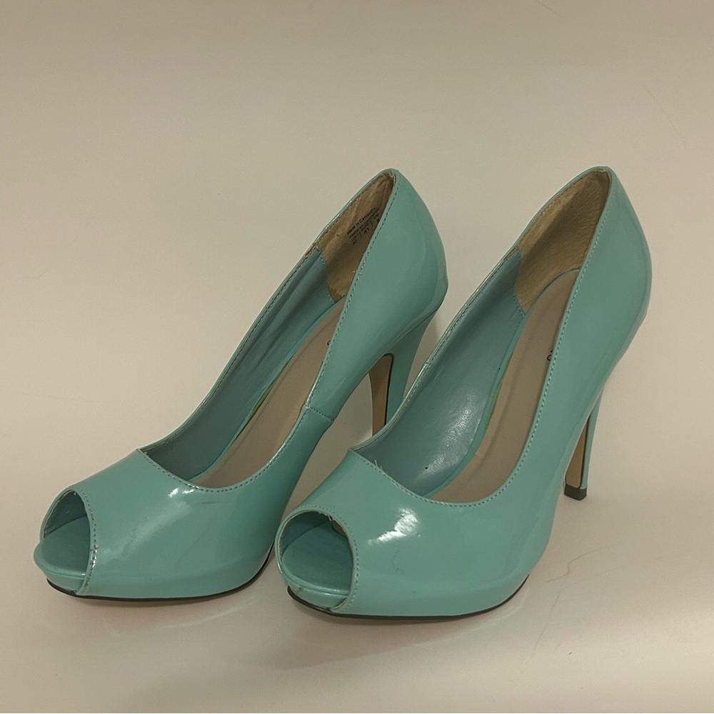 Call It Spring Peep-Toe Heels in light blue. Women’s size 10